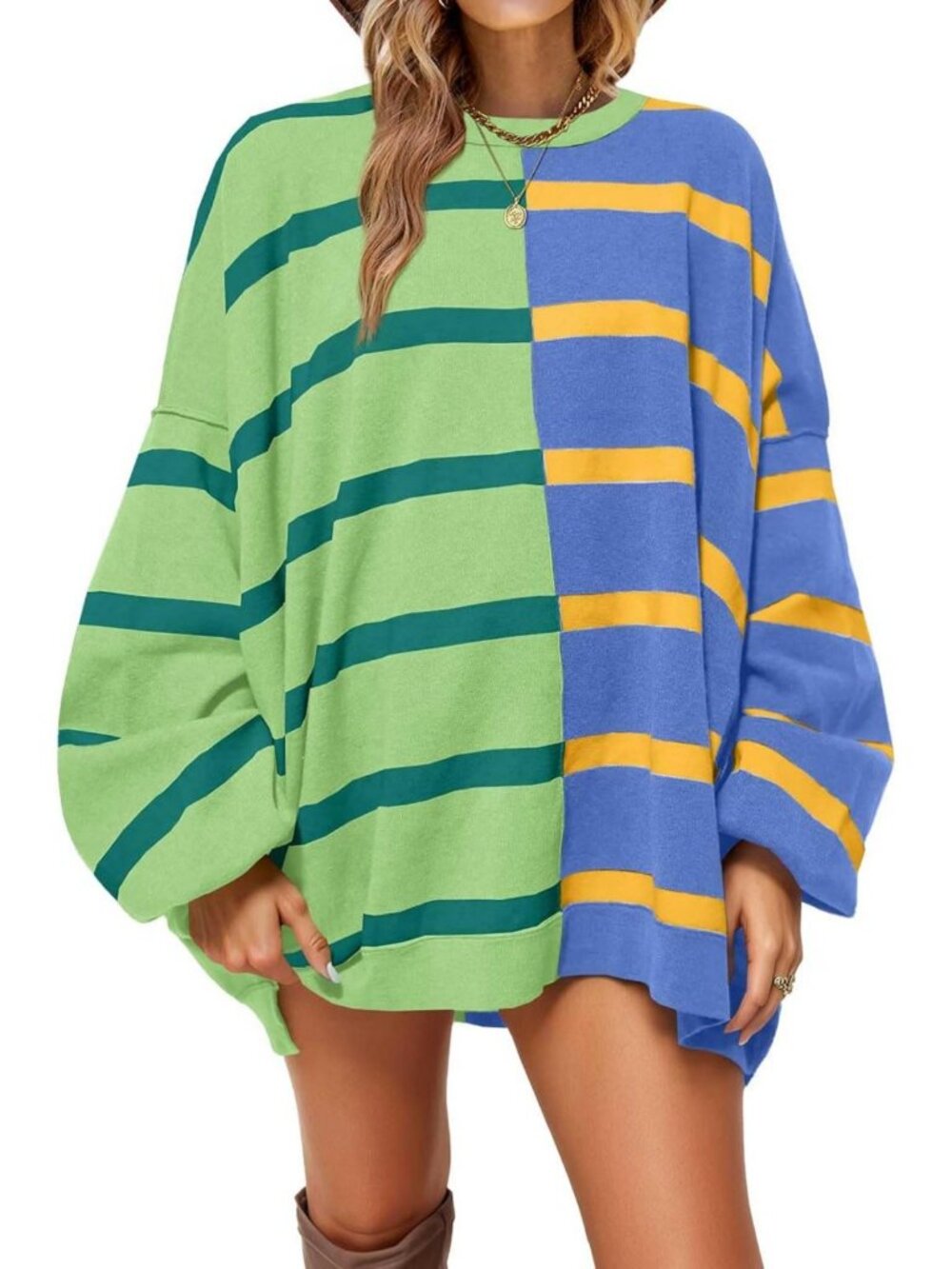 Striped Crew Neck Pullover Sweater for Women - Long Sleeve Loose Fit Knit Top